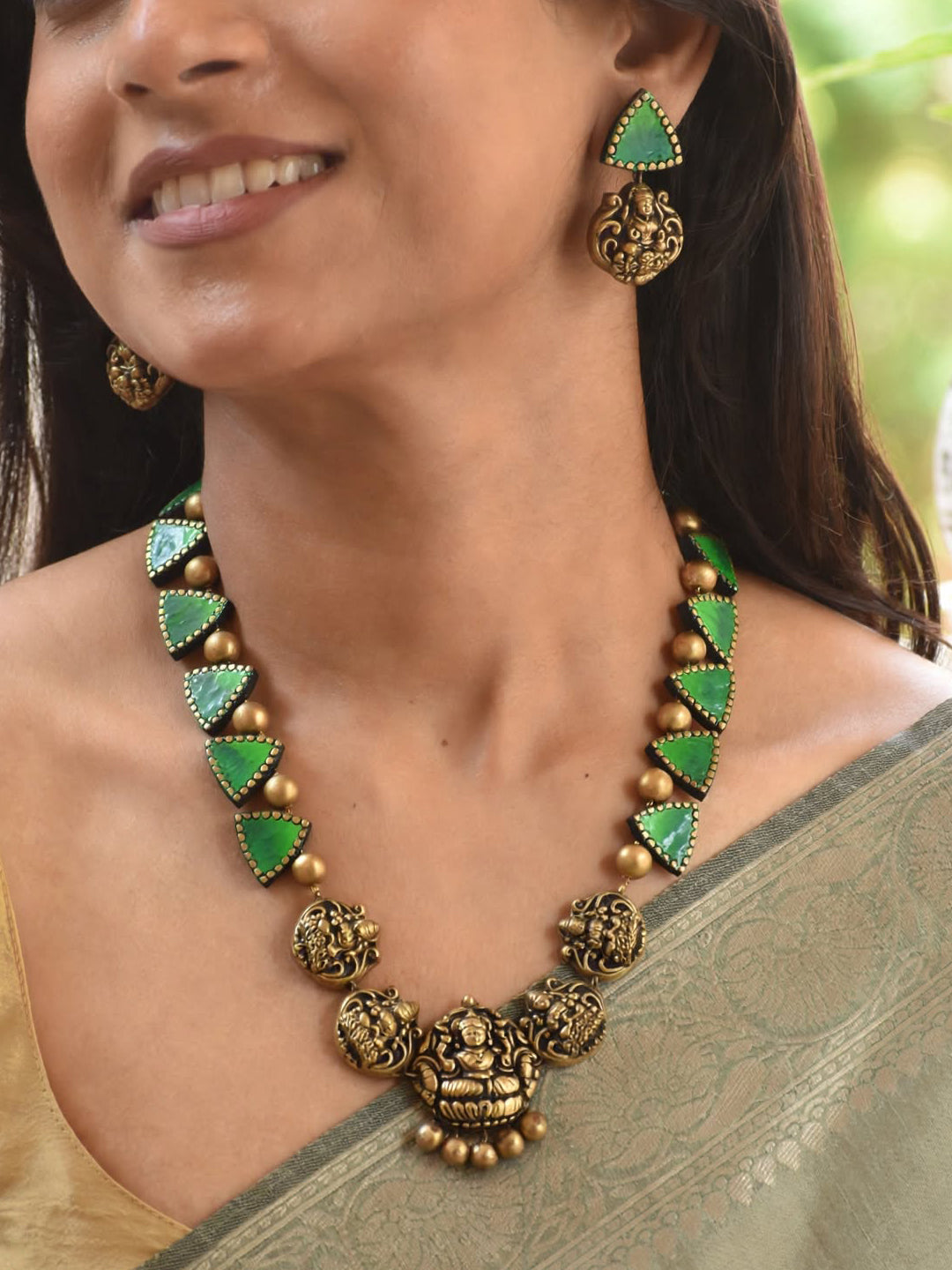 Antique Gold Green Geometrical Pattern and Lakshmi Design Handmade Terracotta Necklace Set