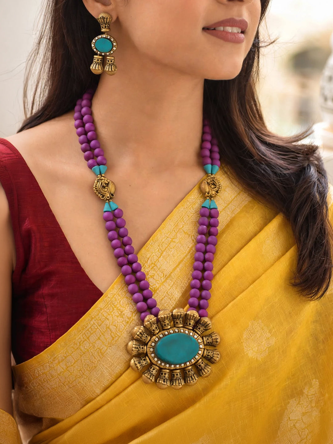 Antique Gold Purple Teal Long Haram 2 Layered Oval Pendant Handmade Terracotta Necklace Set