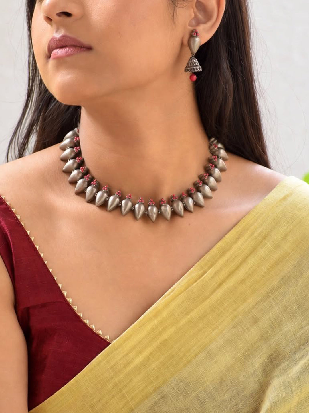 Pear shape Antique Silver Pink Minimalistic Handmade Terracotta Necklace Set