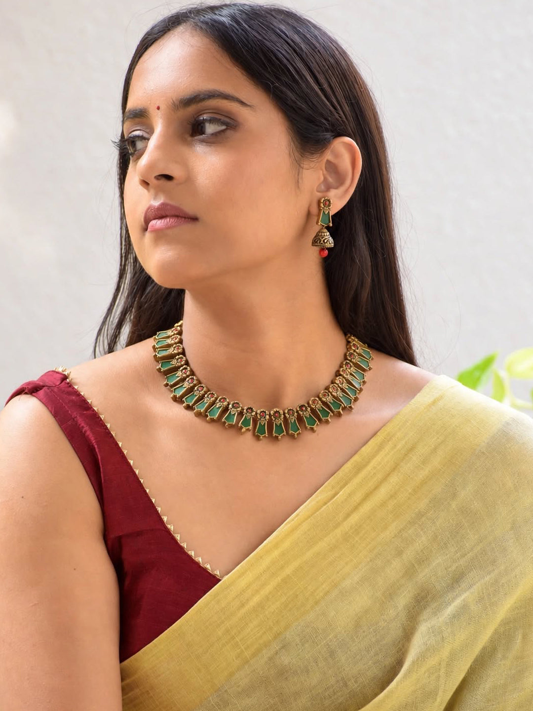 Nagapadam Design Antique Gold Red Green Handmade Terracotta Necklace Set