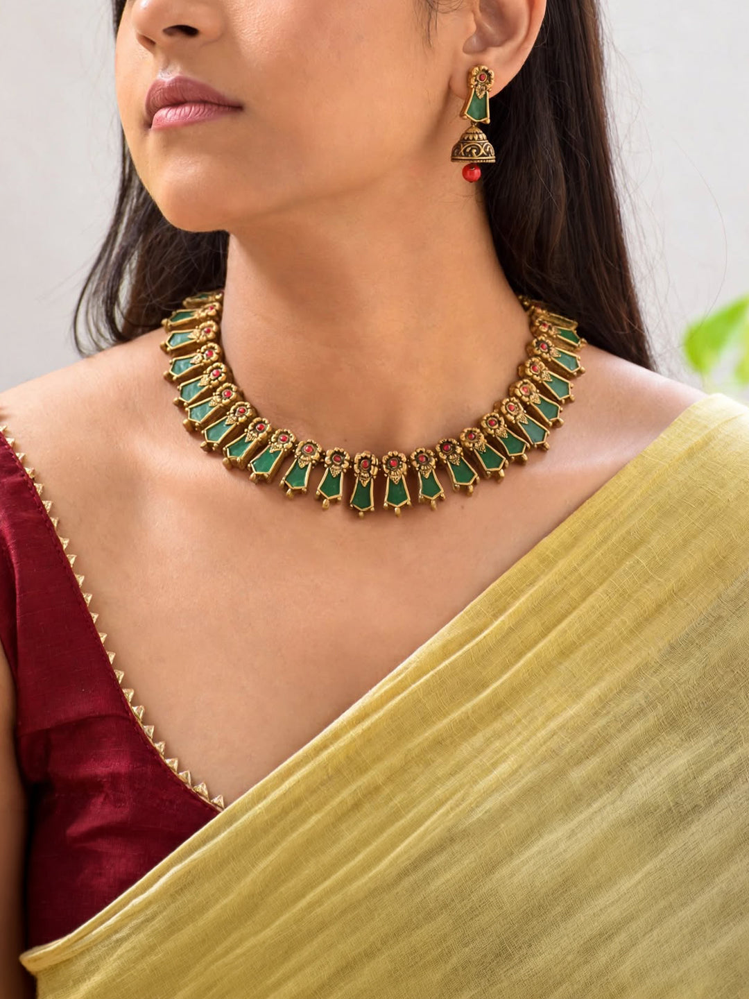 Nagapadam Design Antique Gold Red Green Handmade Terracotta Necklace Set
