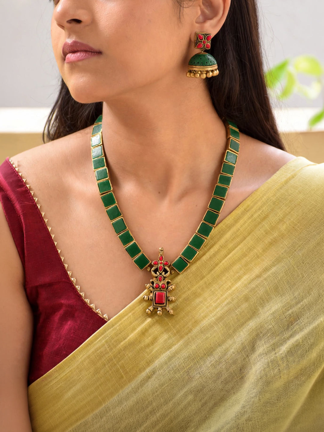 Green Antique Gold  Pink Square Geometric Design Handmade Terracotta Necklace Set