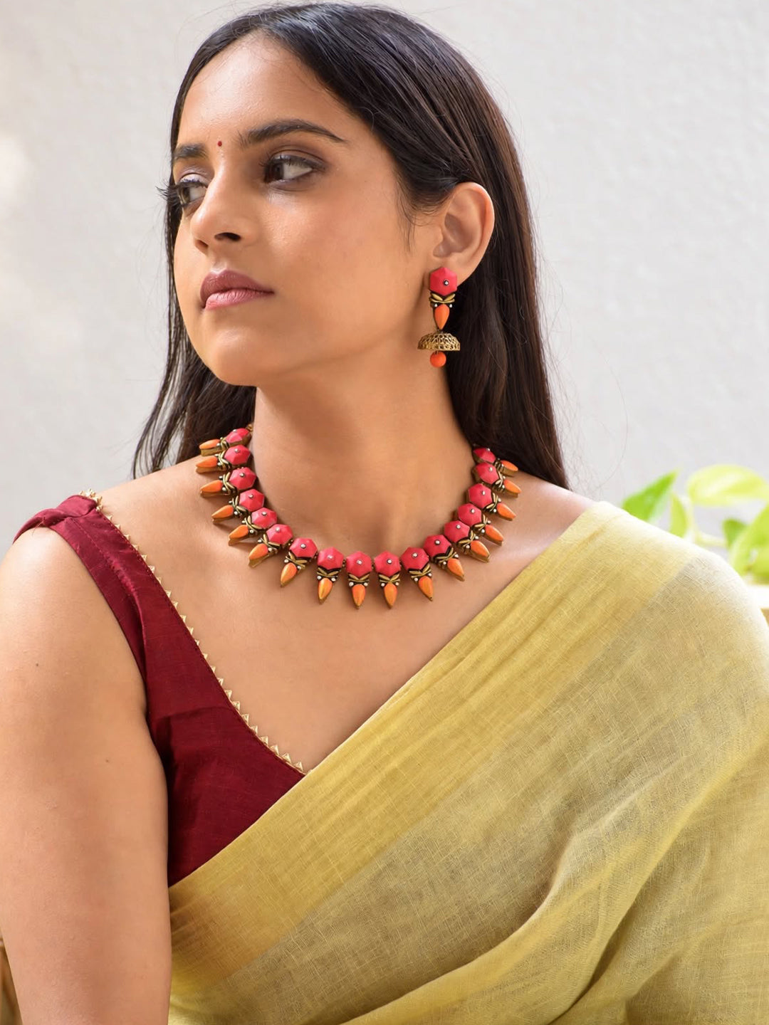 Pink Orange Antique Gold Pastel Shade Sangeet Fringe Pattern Geometric Design Handmade Terracotta Necklace Set
