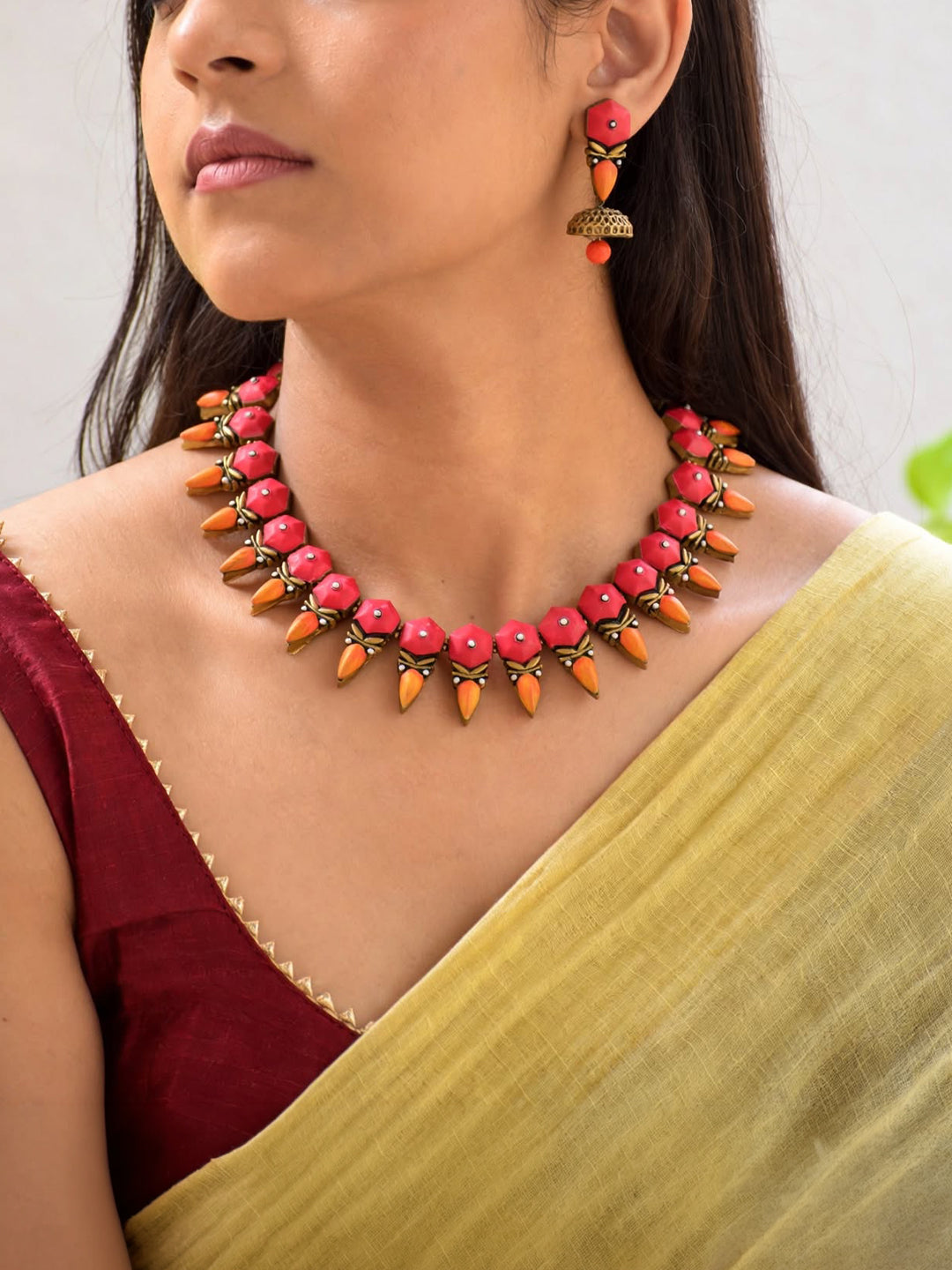 Pink Orange Antique Gold Pastel Shade Sangeet Fringe Pattern Geometric Design Handmade Terracotta Necklace Set
