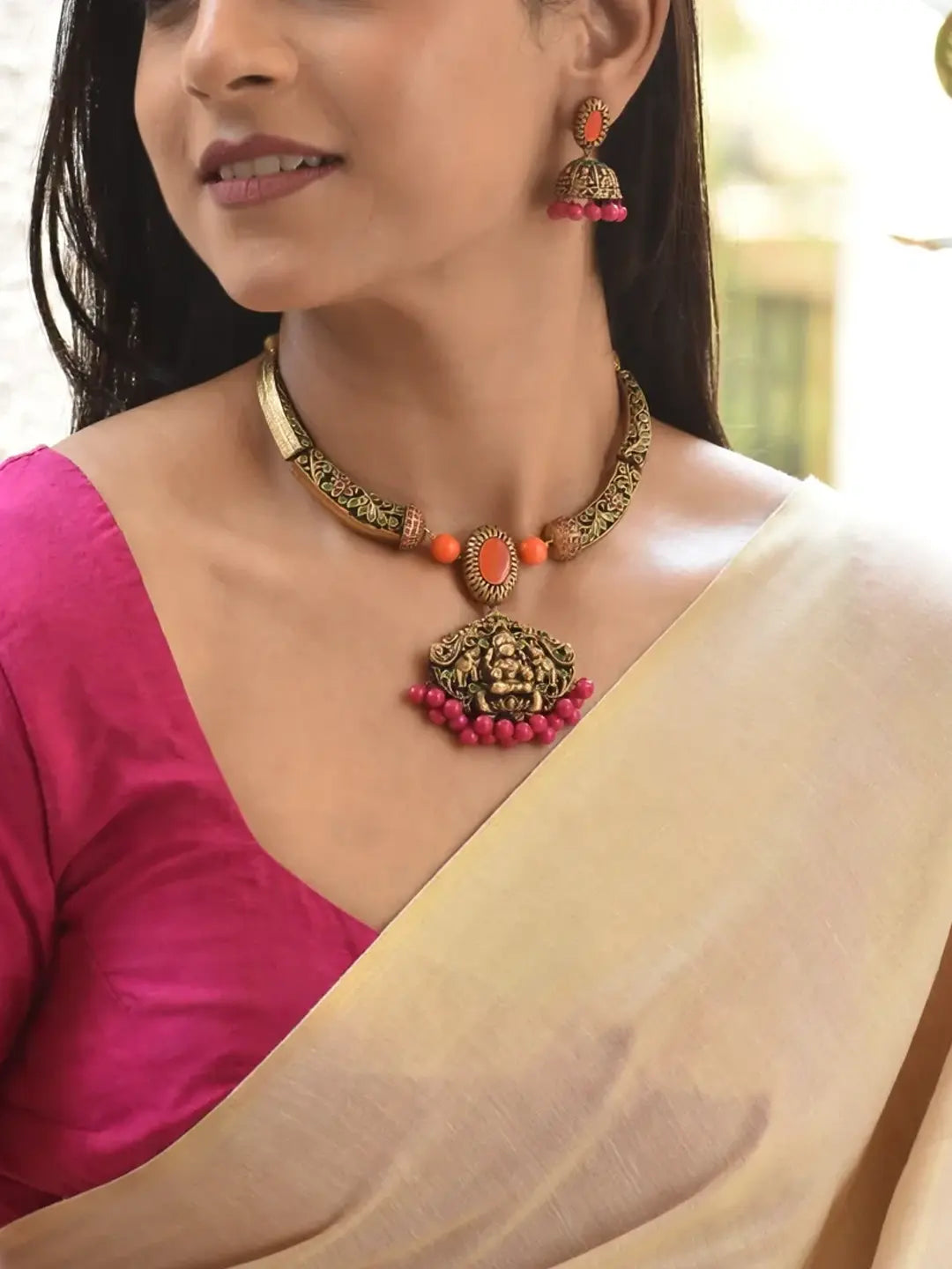Antique Gold Pink Green Orange Rajawada Style Filigree Pattern Handmade Terracotta Necklace Set