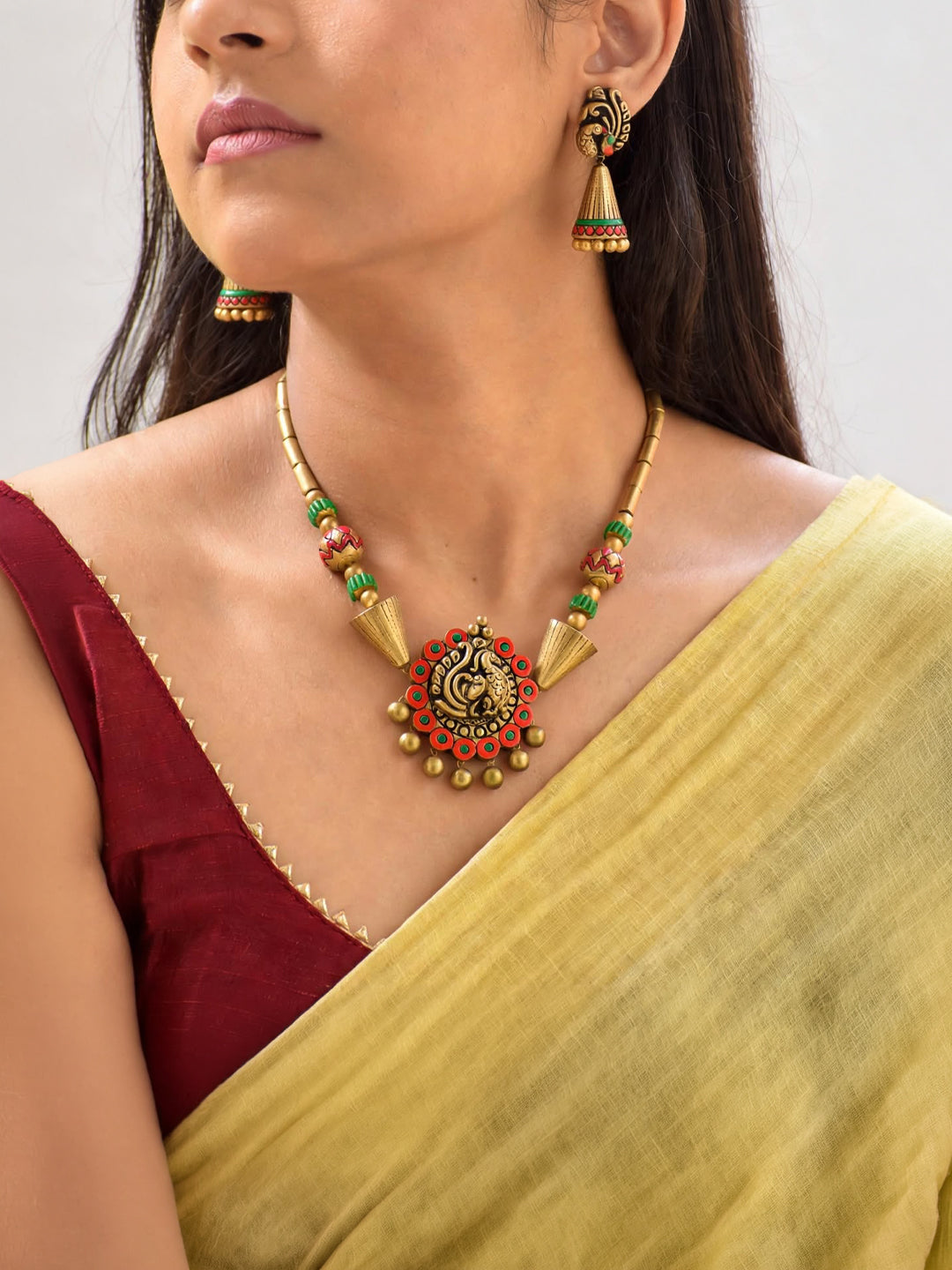 Antique Gold Red Green Peacock Design Handmade Terracotta Necklace Set