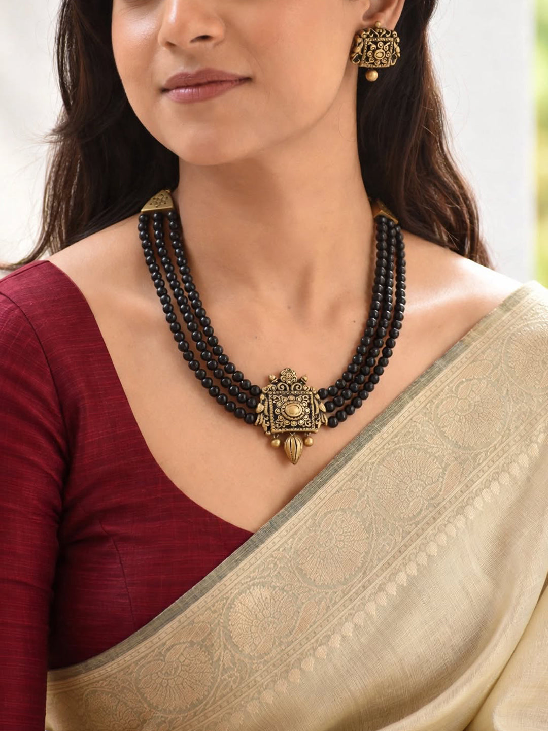 Samriddhi — Rani Haar Style Black Antique Gold 3 Layered Handmade Terracotta Necklace Set