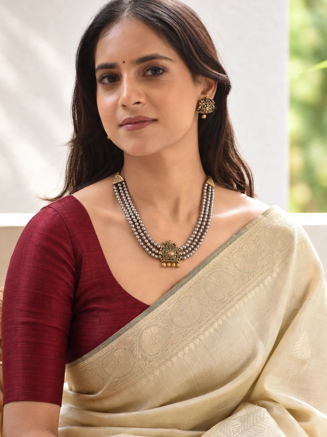 Pavitra — Dual Tone Antique Silver Gold Rani Haar Style 3 layered Handmade Terracotta Necklace Set