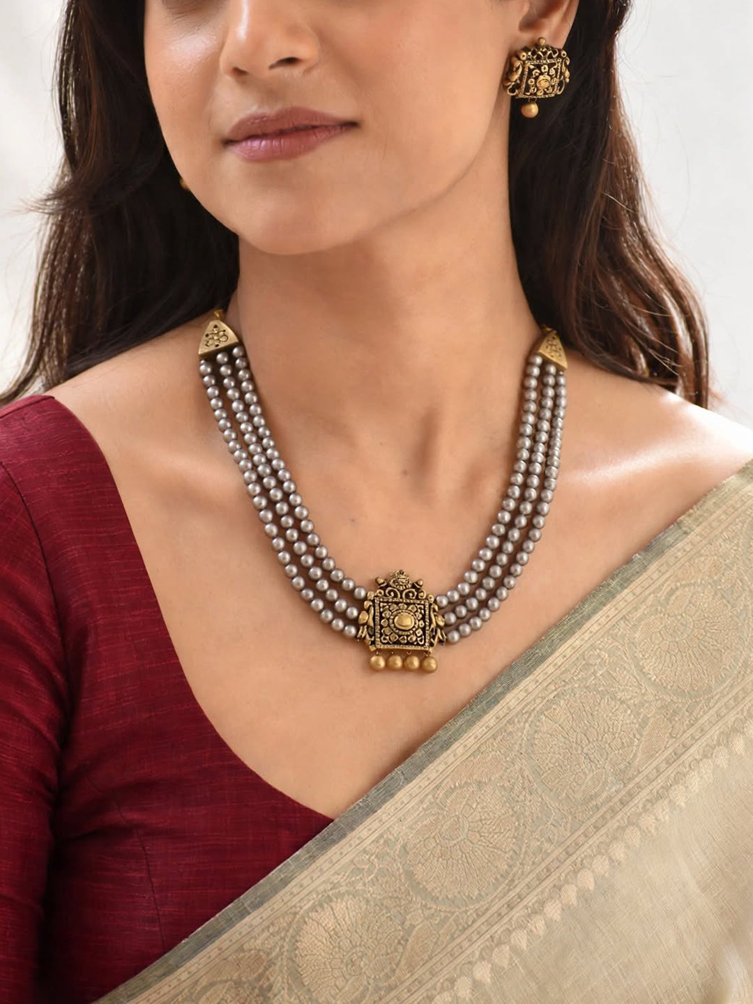 Pavitra — Dual Tone Antique Silver Gold Rani Haar Style 3 layered Handmade Terracotta Necklace Set