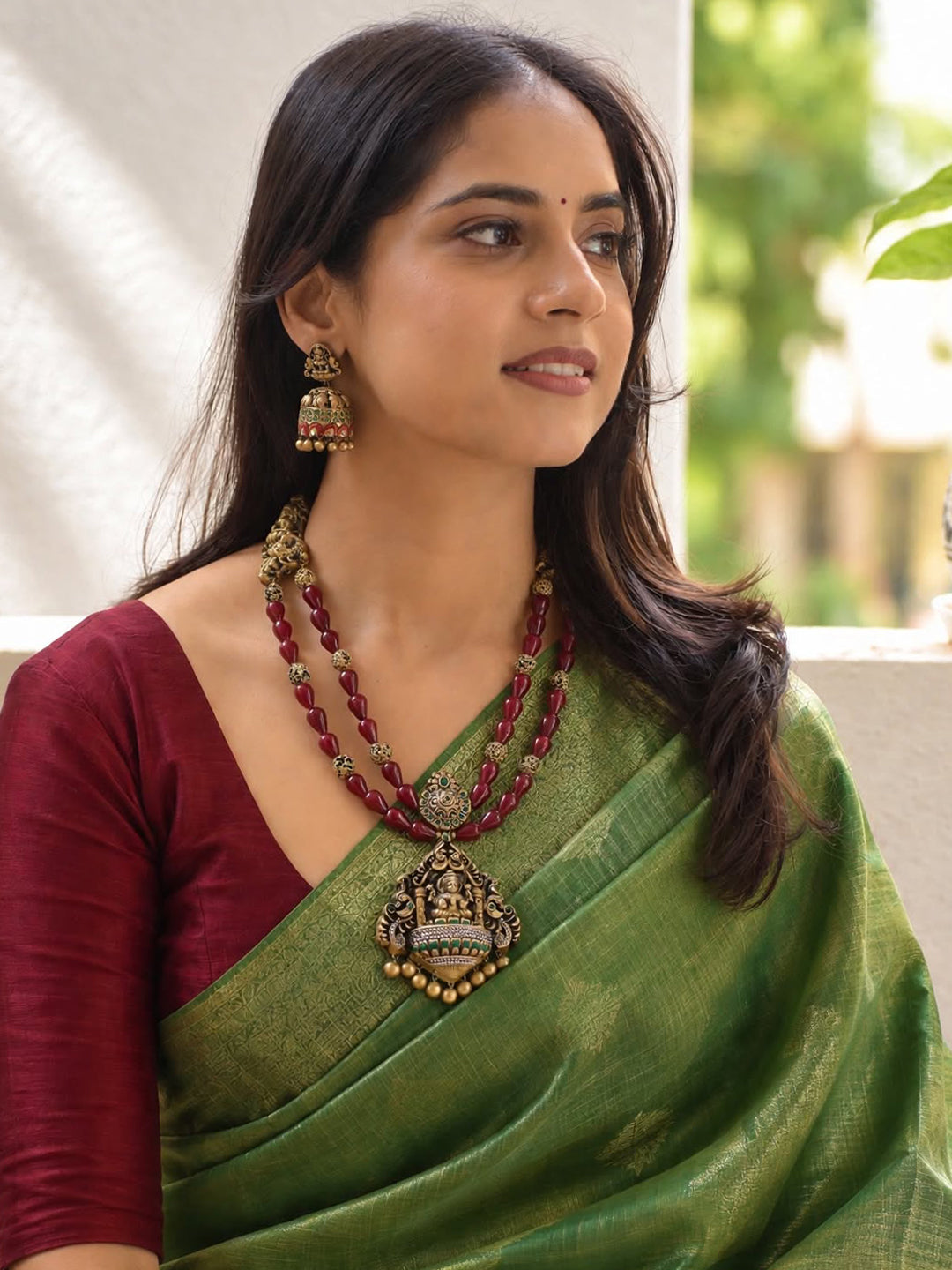 Suvarna Manjari — Lakshmi Design 2 layered Maroon Glass Beads Haram Style Antique Gold Handmade Terracotta Necklace Set