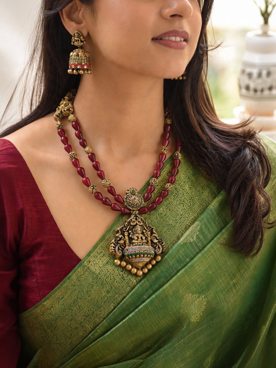 Suvarna Manjari — Lakshmi Design 2 layered Maroon Glass Beads Haram Style Antique Gold Handmade Terracotta Necklace Set