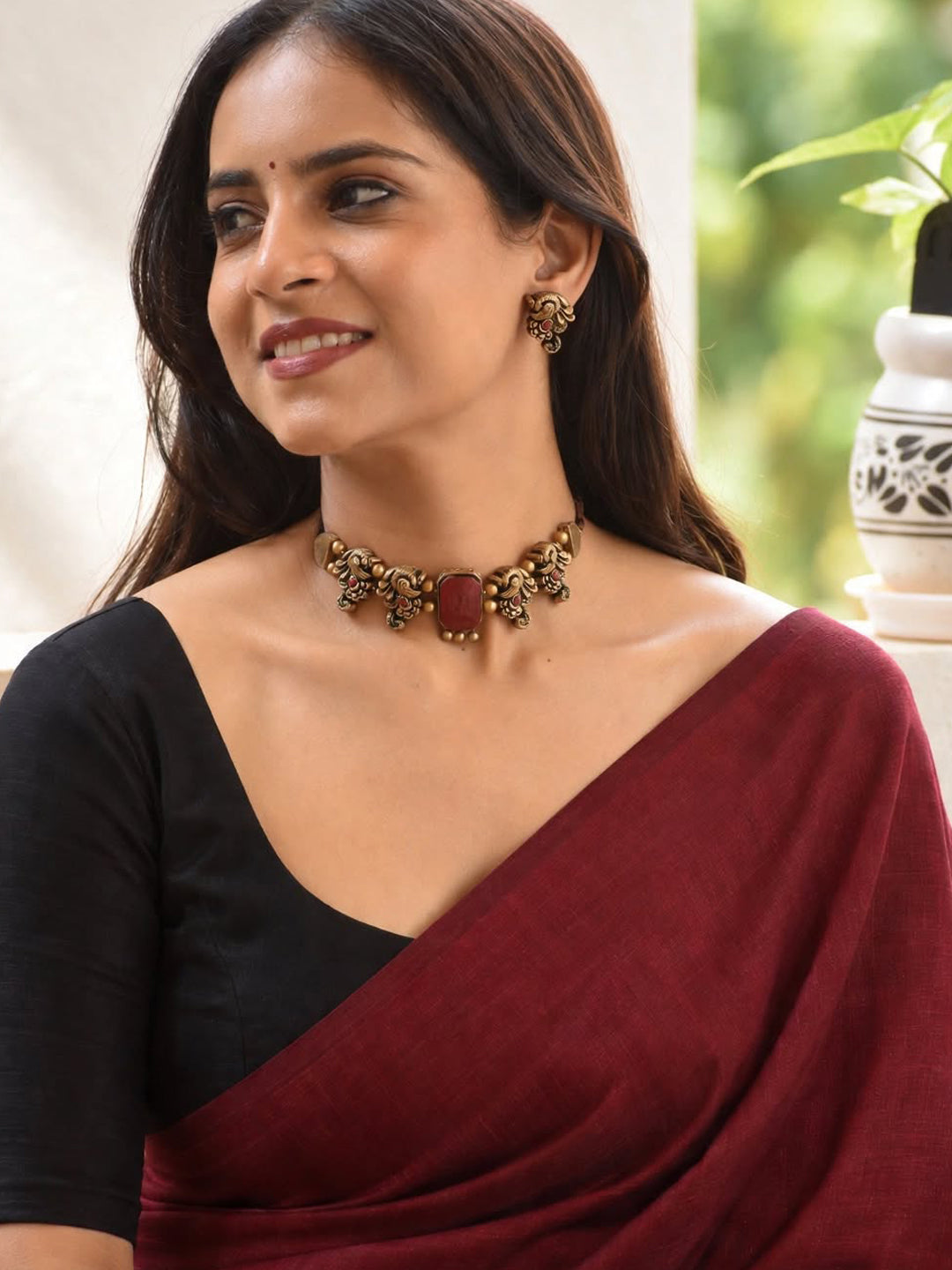 Hemangana — Minimalistic Antique Gold Maroon Peacock Design Handmade Terracotta Victorian Choker Necklace Set