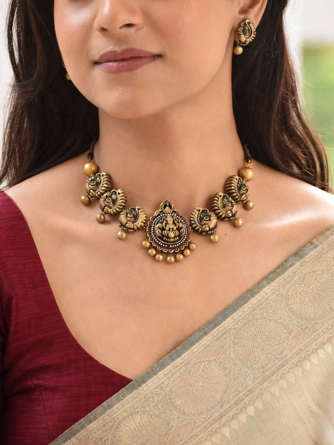 Antique Gold Red Green Lakshmi Peacock Design Temple Handmade Terracotta Necklace Set