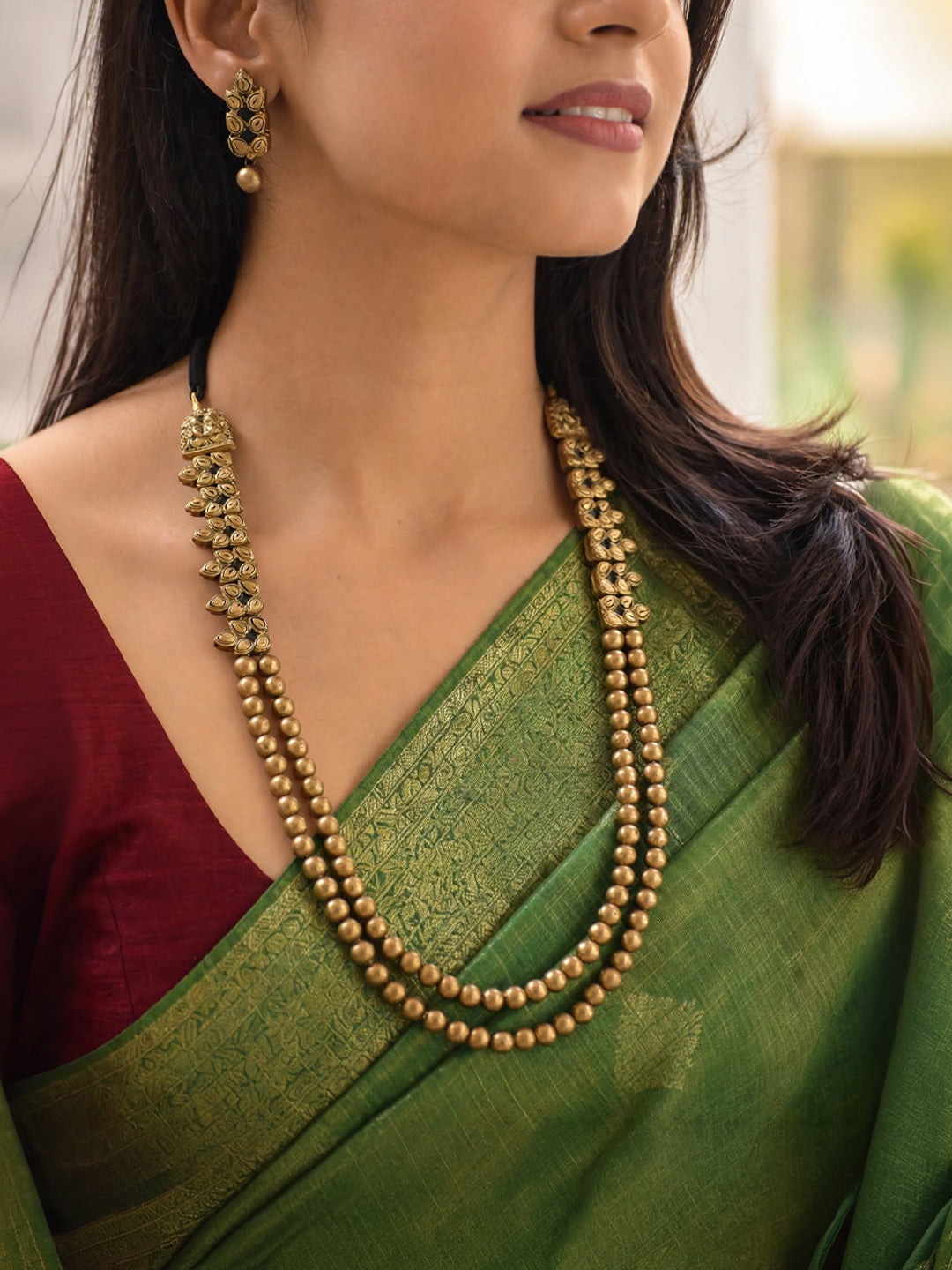 Two Layered Antique Gold Beads Handmade Terracotta Necklace Set