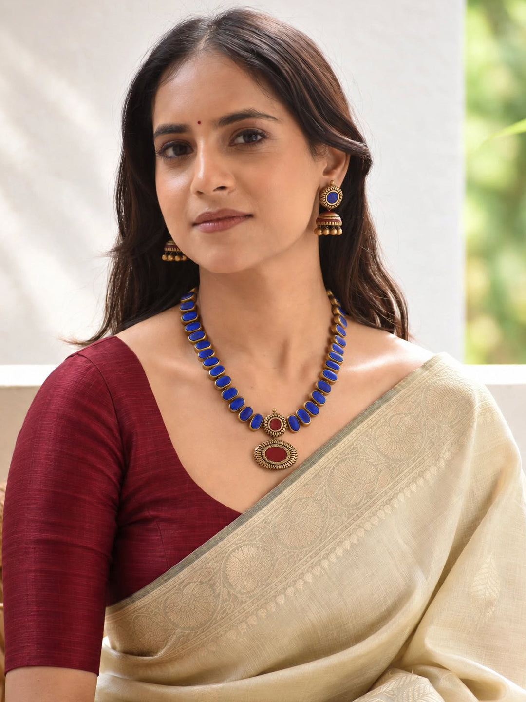 Rajjuvarnika — Rectangular Rounded Pattern Blue Maroon Antique Gold Haram Style Handmade Terracotta Necklace Set