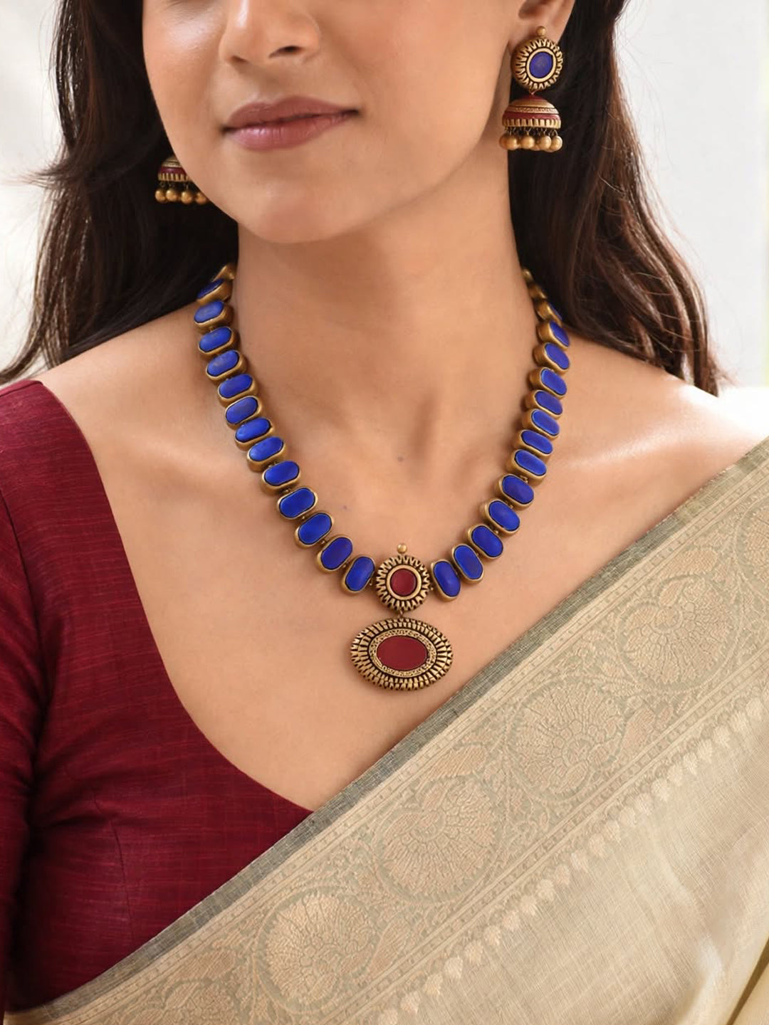 Rajjuvarnika — Rectangular Rounded Pattern Blue Maroon Antique Gold Haram Style Handmade Terracotta Necklace Set