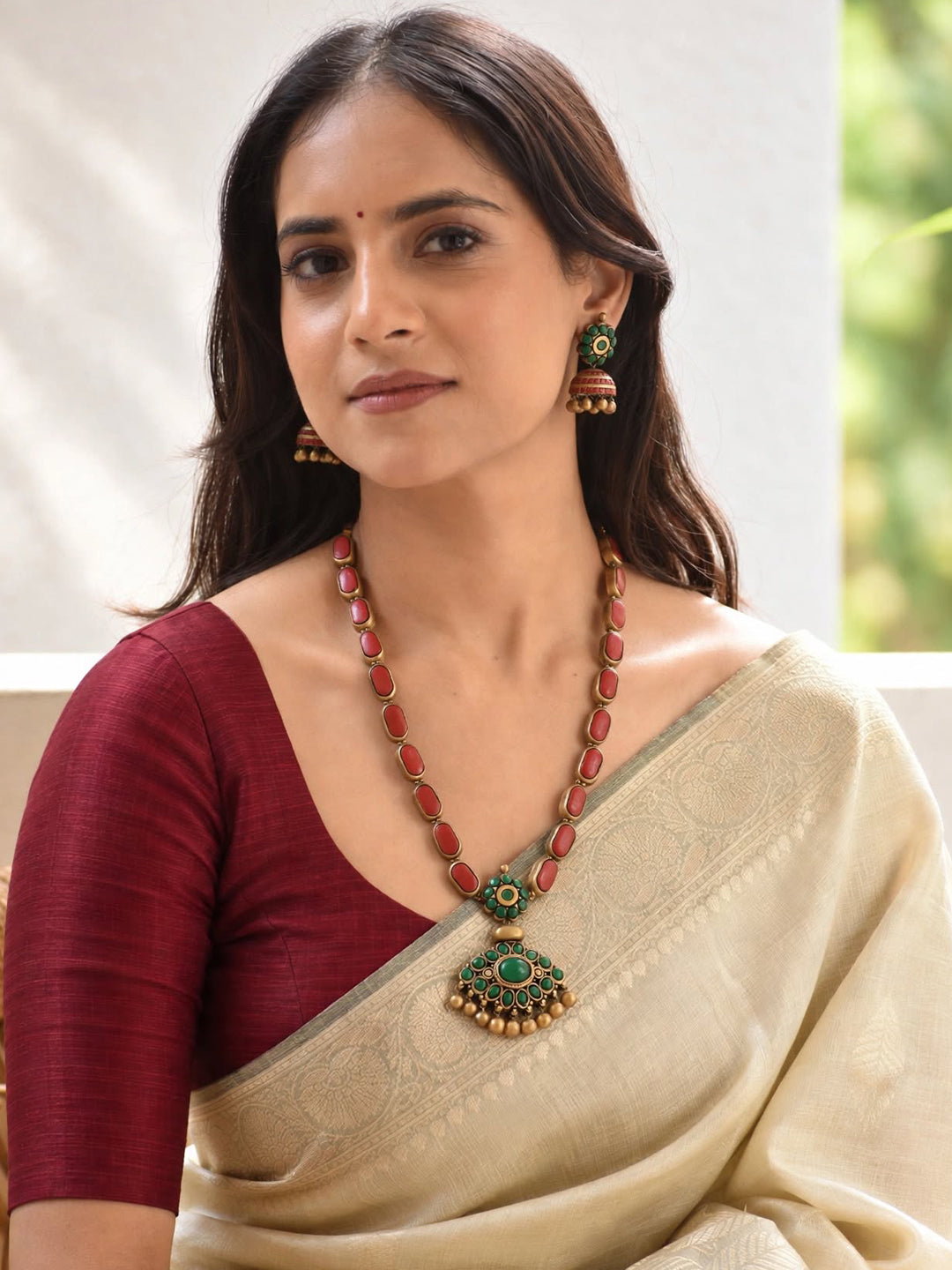 Pravaahika — Red Green Antique Gold Rounded Rectangular Pattern Haram Style Minimalistic Handmade Terracotta Necklace Set