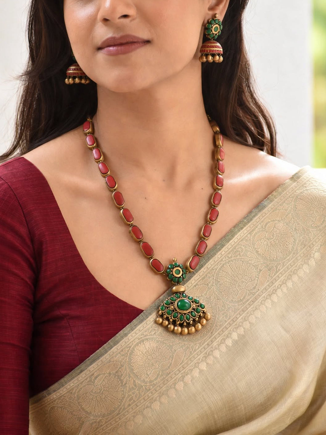 Pravaahika — Red Green Antique Gold Rounded Rectangular Pattern Haram Style Minimalistic Handmade Terracotta Necklace Set