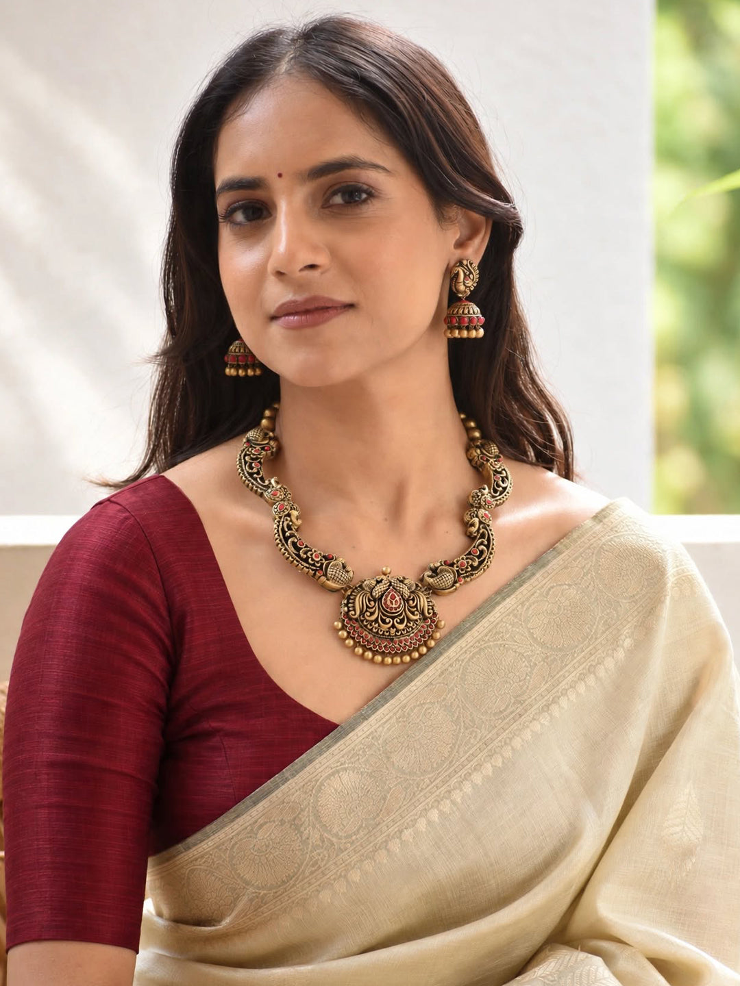 Varnitha — Antique Gold Pink Rajwadi Style Peacock Design Haram Handmade Terracotta Necklace Set