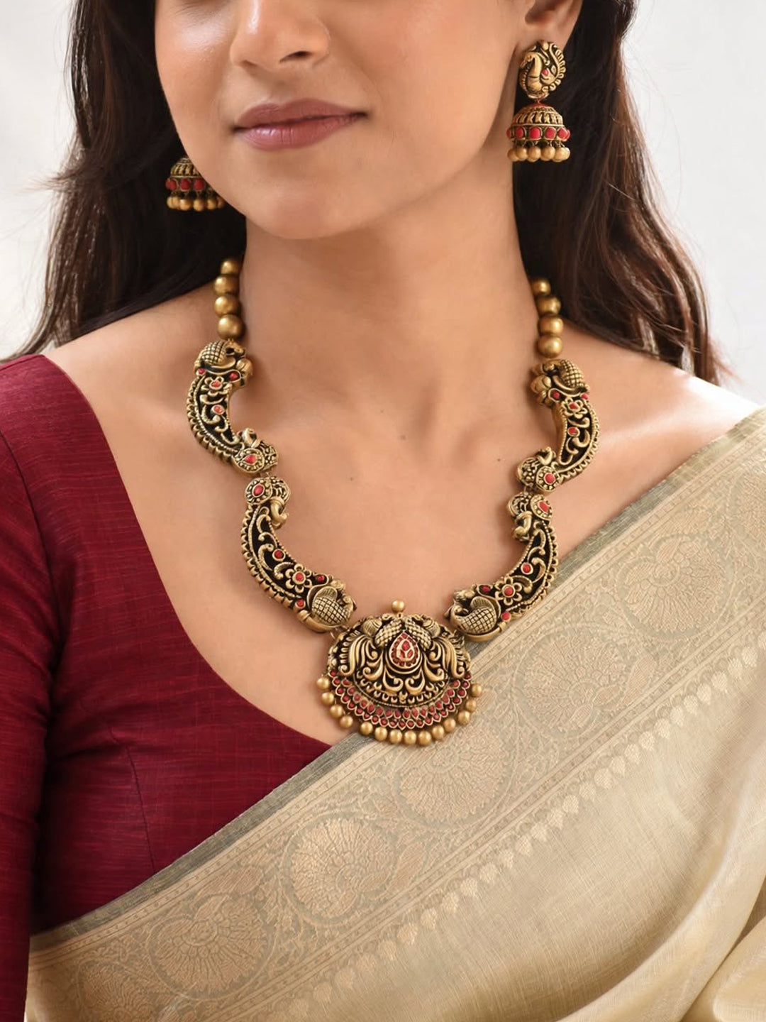 Varnitha — Antique Gold Pink Rajwadi Style Peacock Design Haram Handmade Terracotta Necklace Set