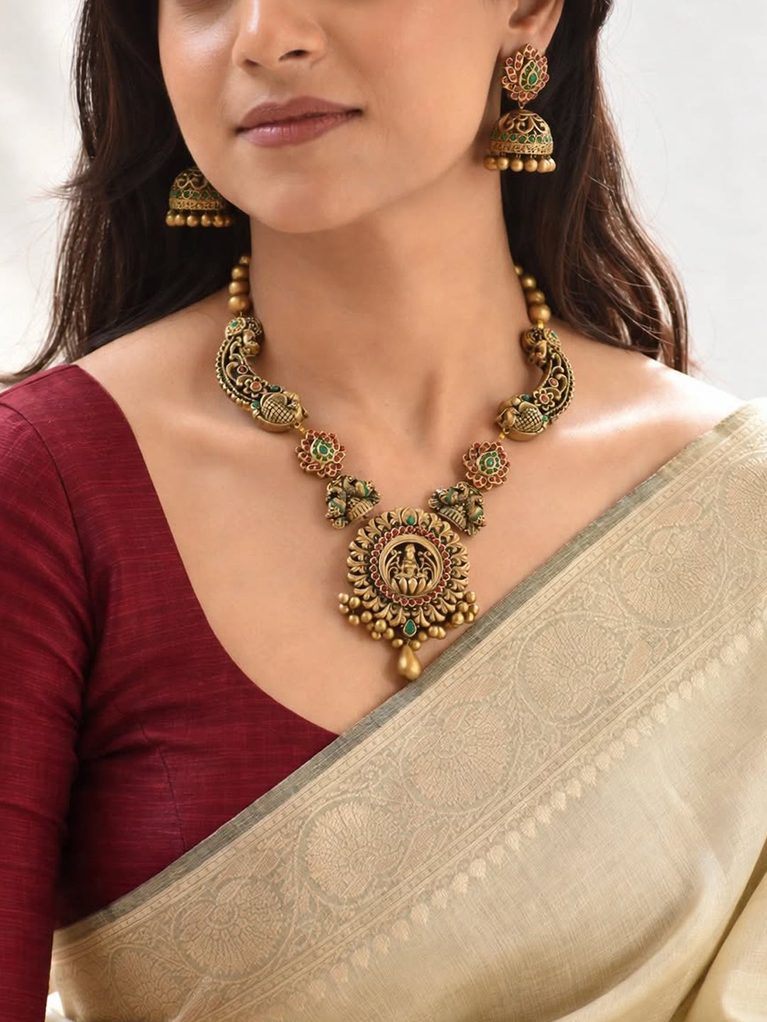 Sragdhara — Rajwadi Style Antique Gold Red Green Lakshmi Peacock Design Temple Haram Handmade Terracotta Necklace Set