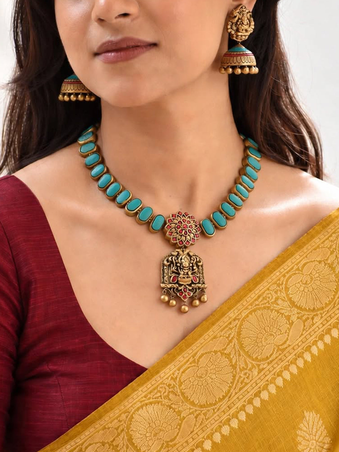 Turqoise Blue Antique Gold Red Lakshmi Design Haram Style Handmade Terracotta Necklace Set