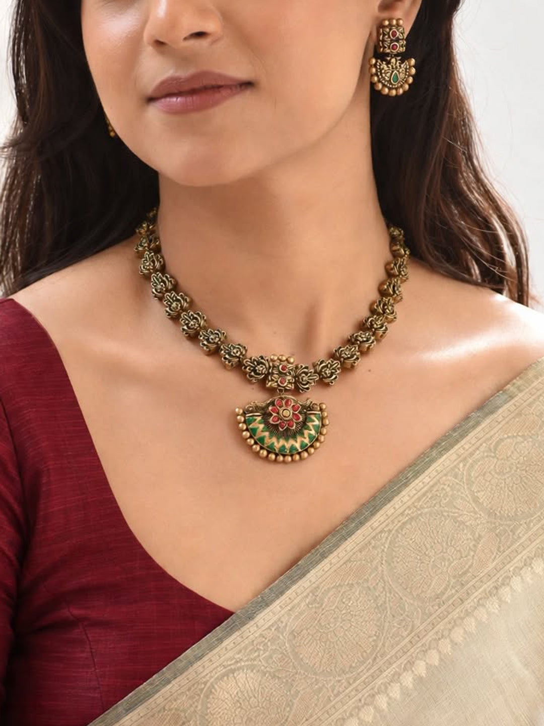 Antique Gold Red Green Floral Filigree Design Handmade Terracotta Necklace Set
