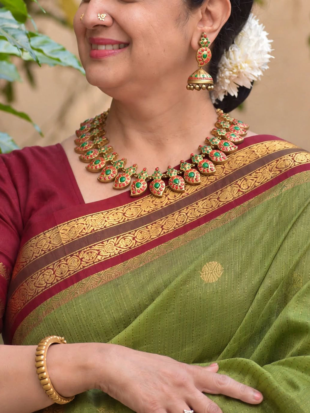 Antique Gold Red Green Mango Design Temple Handmade Terracotta Necklace Set