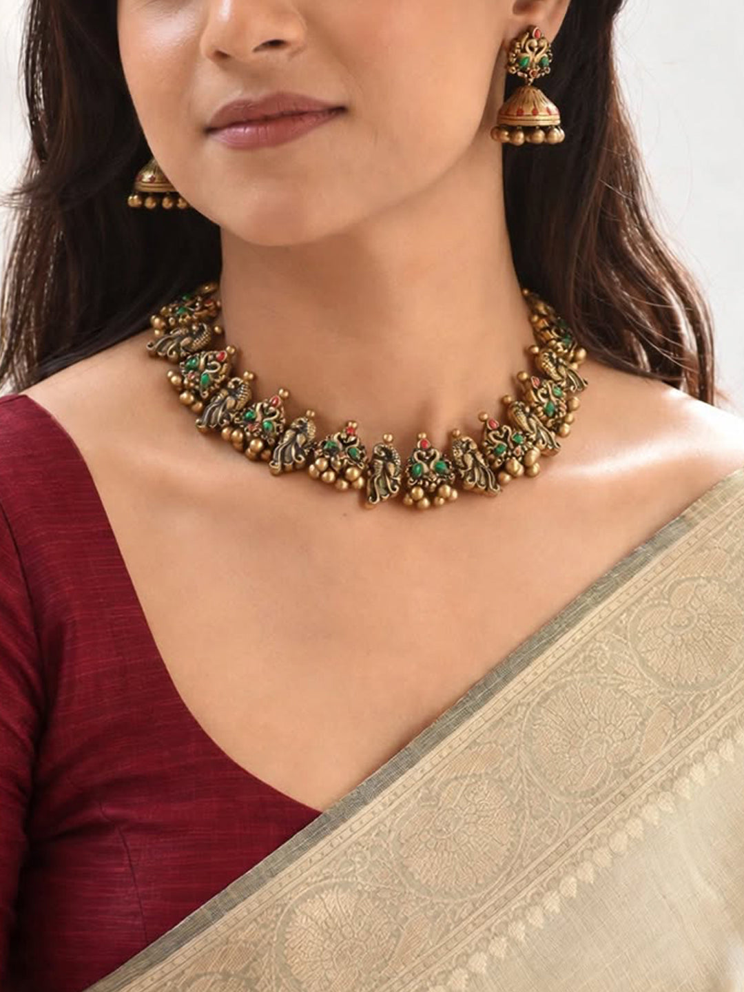 Antique Gold Red Green 2 Peacock Pairs Handmade Terracotta Necklace Set