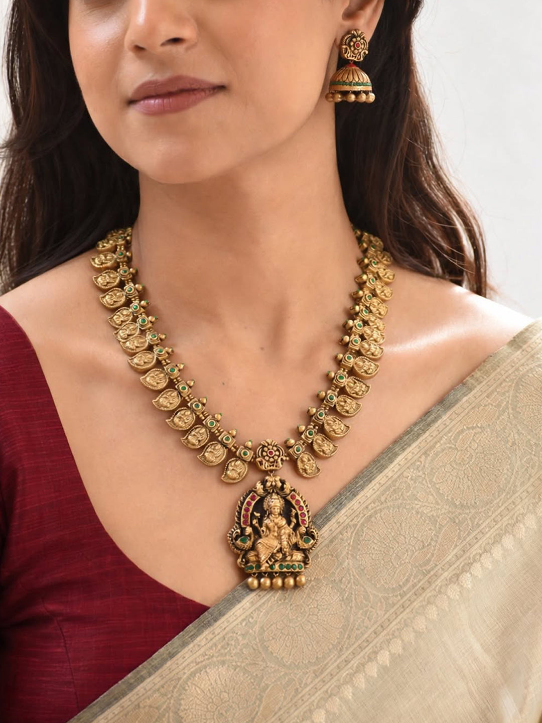 Antique Gold Red Green Mango Lakshmi Design Handmade Terracotta Necklace Set