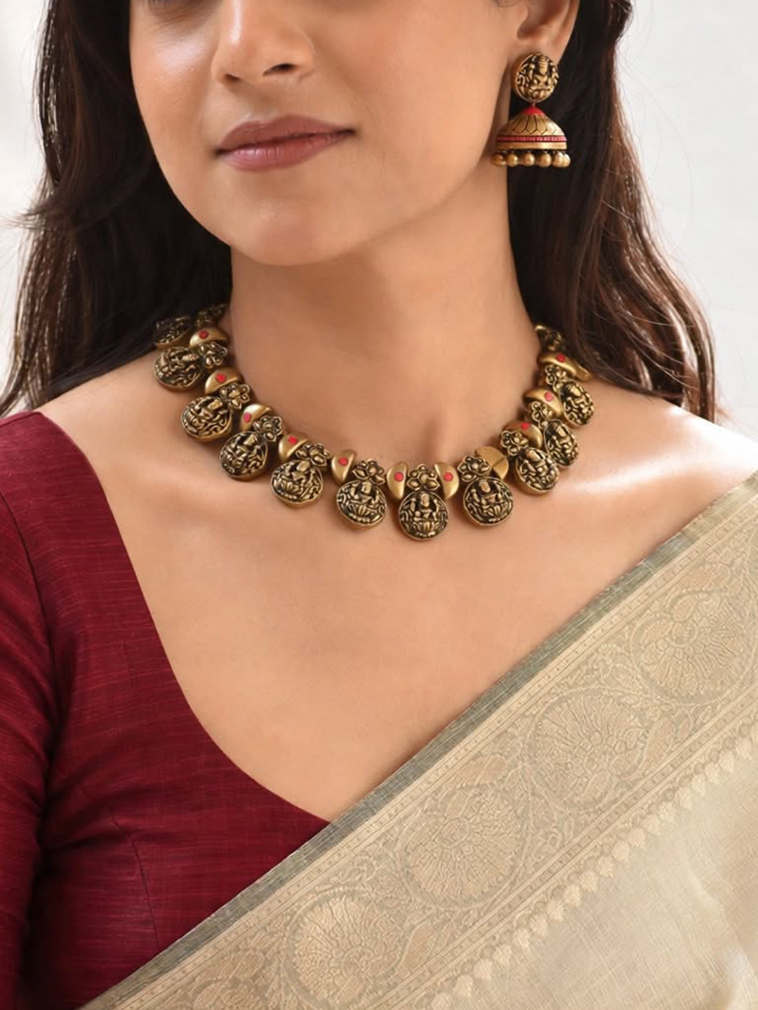 Antique Gold Pink Lakshmi Coin Floral Design Handmade Terracotta Necklace Set