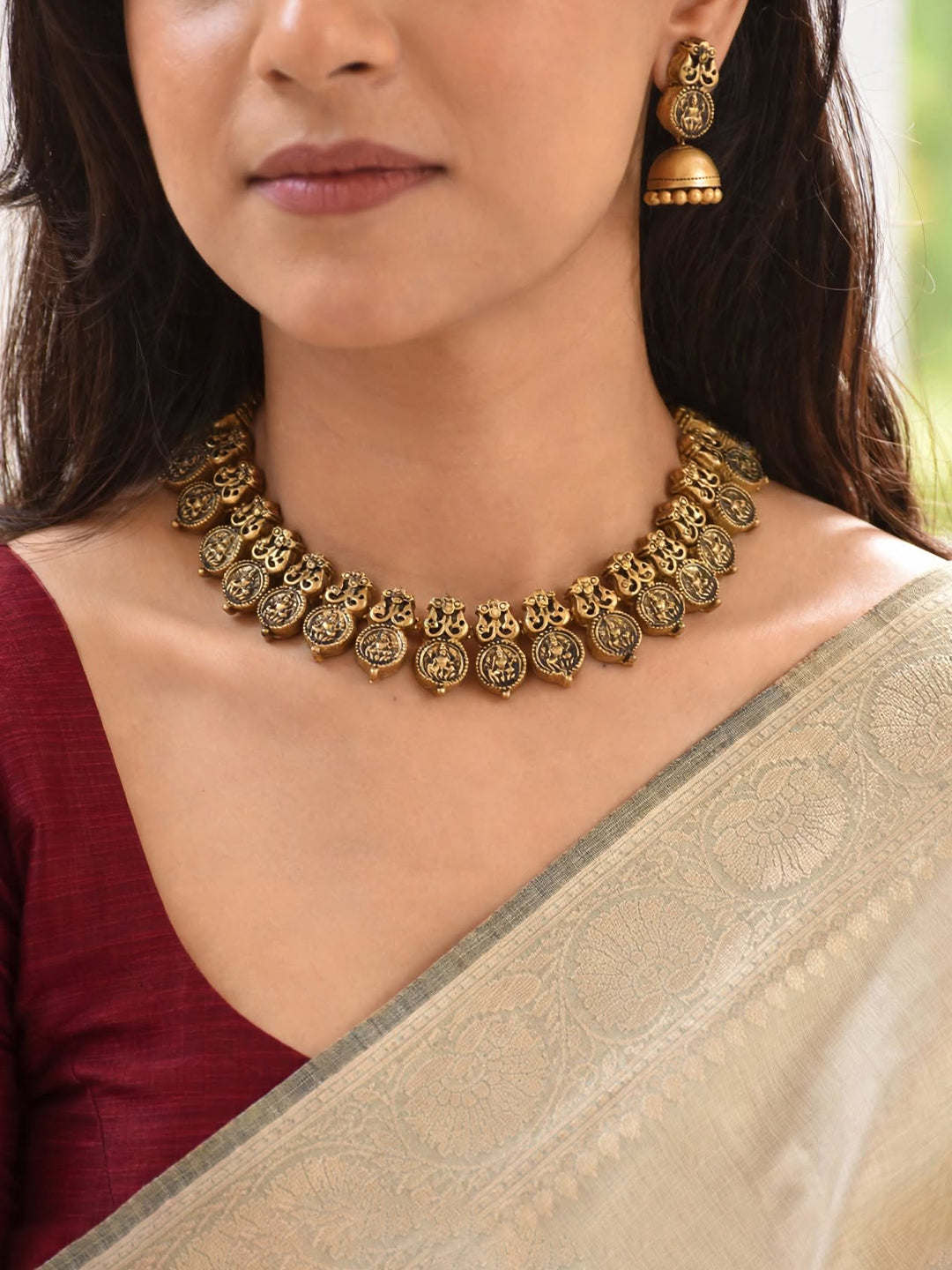 Antique Gold Lakshmi Coin Design Trishul Handmade Terracotta Temple Necklace Set