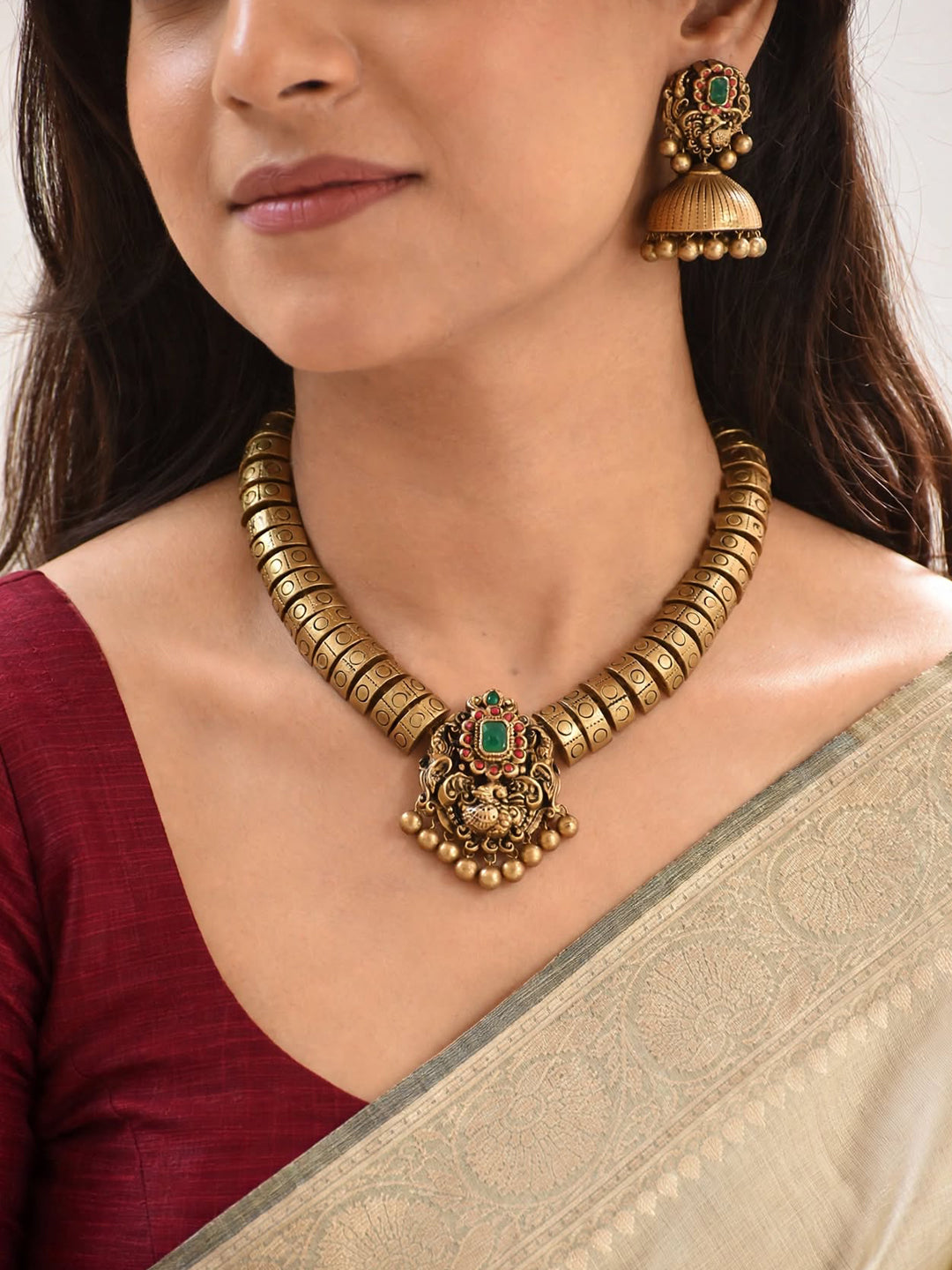 Semi cylindrical peacock design contemporary handmade terracotta necklace set