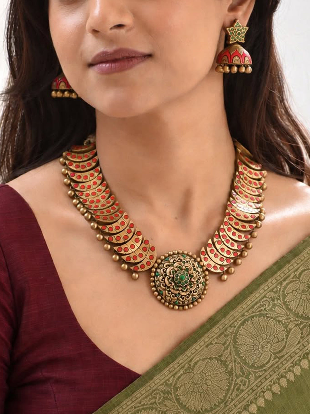 Rajwadi Style Half Moon Design Antique Gold Red Green Handmade Terracotta Necklace Set