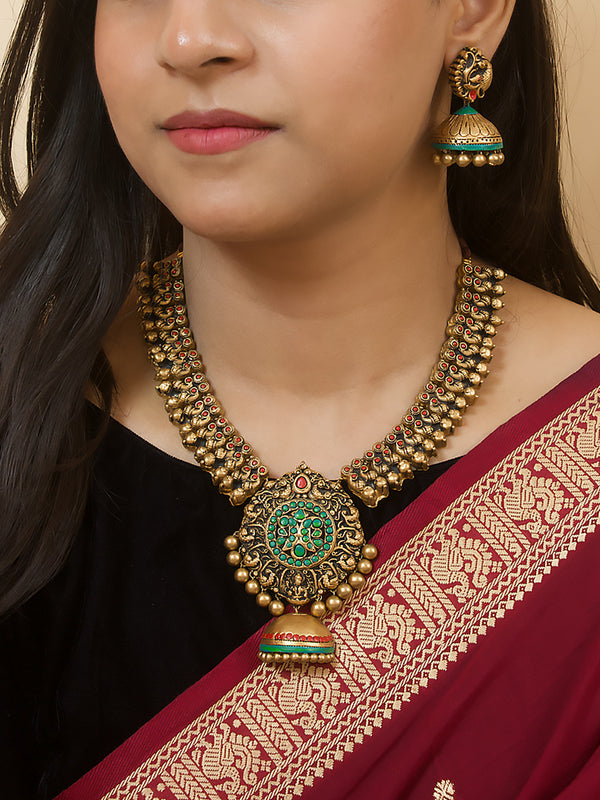 Antique Gold Red Green Pear Shape Jhumka Pendant Fringe Pattern Lakshmi Peacock Design Handmade Terracotta Necklace Set