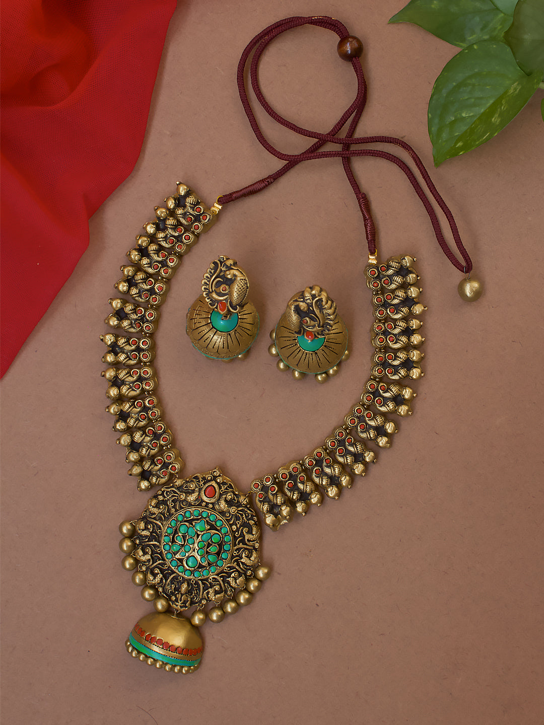 Antique Gold Red Green Pear Shape Jhumka Pendant Fringe Pattern Lakshmi Peacock Design Handmade Terracotta Necklace Set