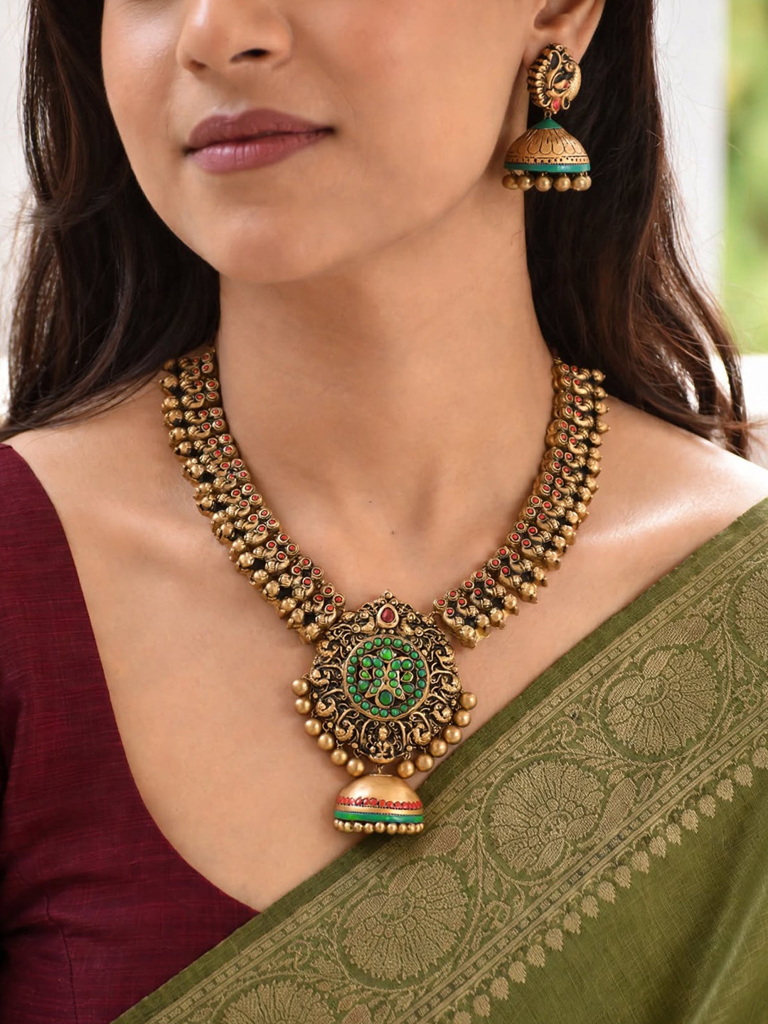 Antique Gold Red Green Pear Shape Jhumka Pendant Fringe Pattern Lakshmi Peacock Design Handmade Terracotta Necklace Set