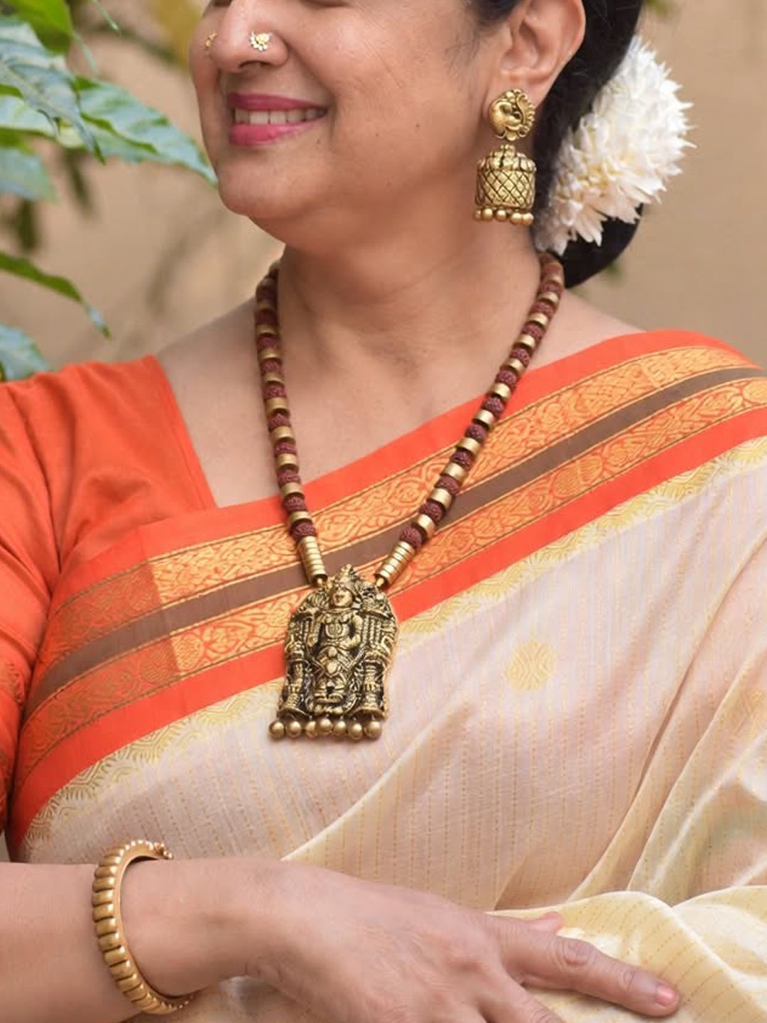Antique Gold Brown Rudraksha and Lord Venkateshwara Handmade Terracotta Mala Necklace Set