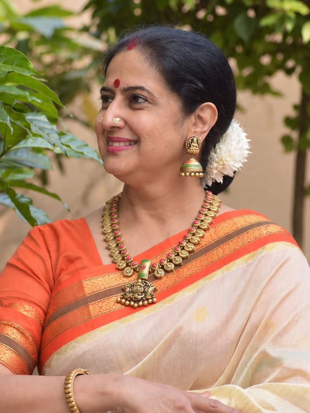 Antique Gold Red Green Lakshmi Coin and Oval Design Handmade Terracotta Necklace Set