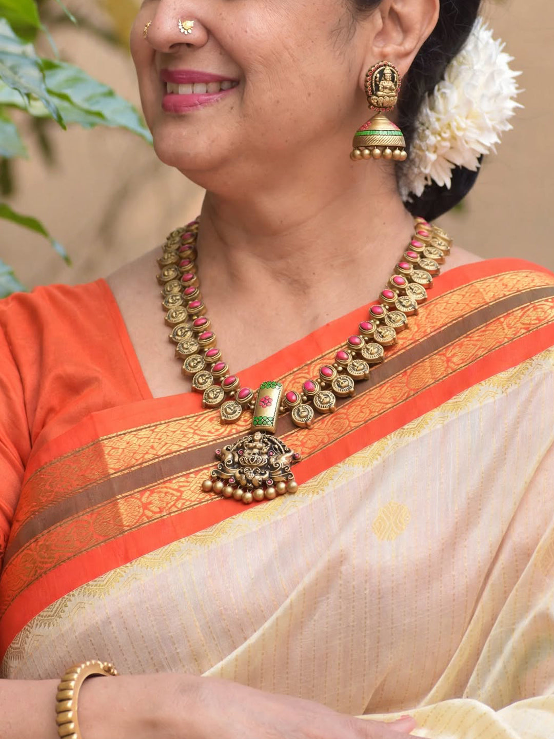 Antique Gold Red Green Lakshmi Coin and Oval Design Handmade Terracotta Necklace Set