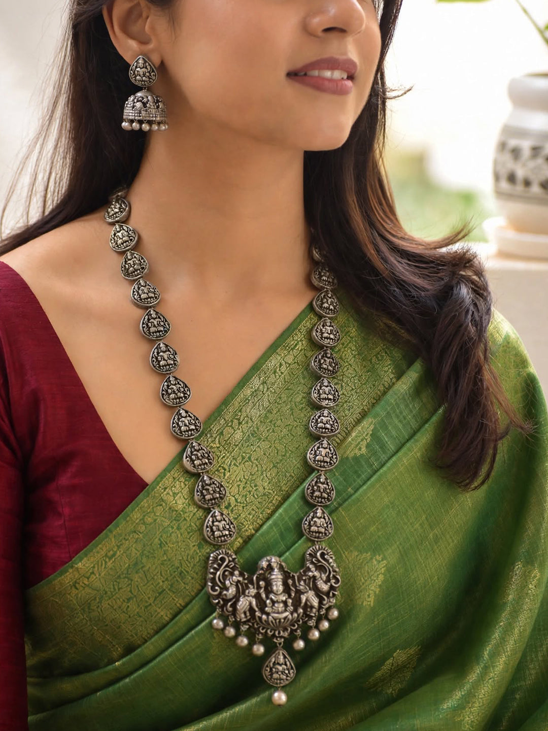 Antique Silver Lakshmi Design Long Haram Handmade Terracotta Necklace Set