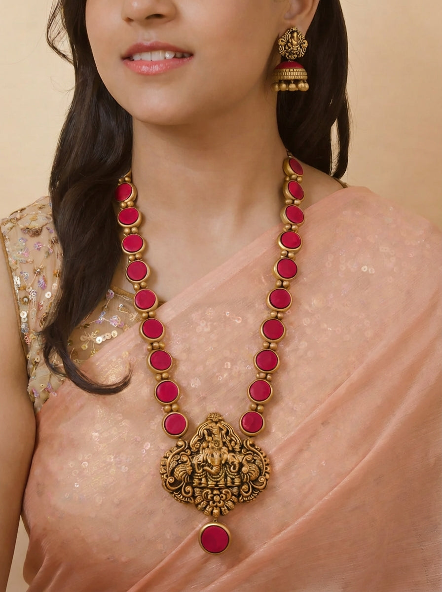 Phalachandra Mandala — Raani Pink and Antique Gold Circular Pattern Ganesha Pendant Design Temple Long Handmade Terracotta Necklace Set