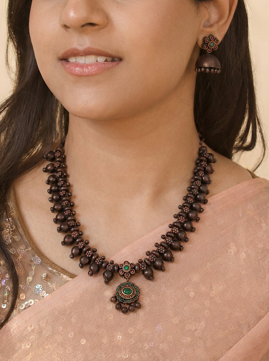 Coco — Mocha Brown Floral Design Contemporary Style Handmade Terracotta Necklace Set