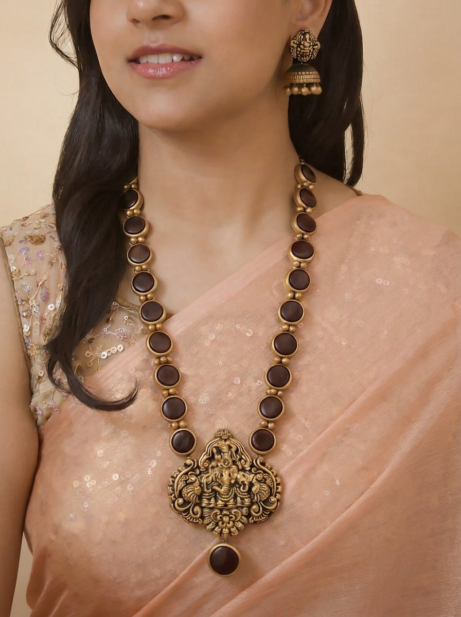 Cocoa Ganesha — Mocha Brown and Antique Gold Circular Pattern Ganesha Pendant Design Temple Long Handmade Terracotta Necklace Set