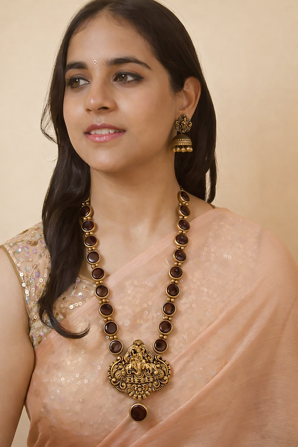 Cocoa Ganesha — Mocha Brown and Antique Gold Circular Pattern Ganesha Pendant Design Temple Long Handmade Terracotta Necklace Set