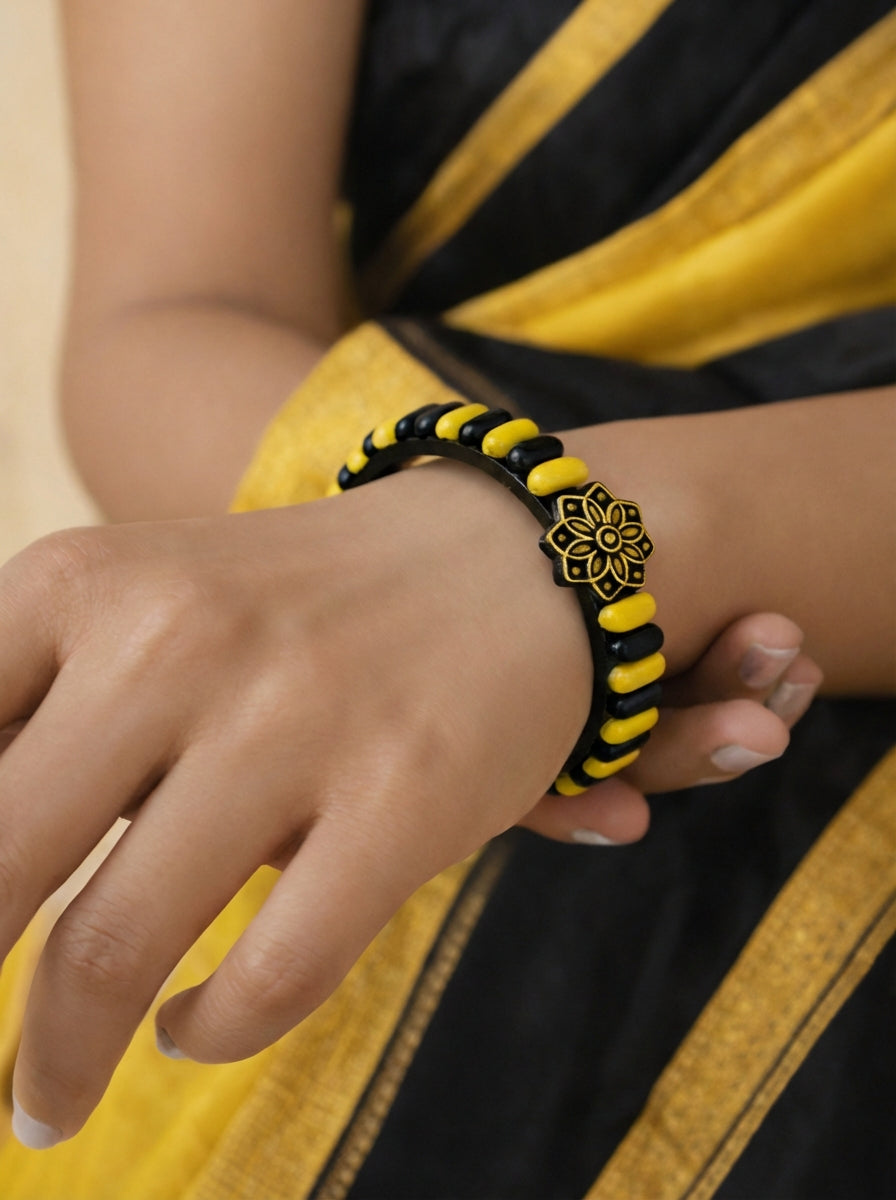 Myra — Flower Design Black and Yellow Finish Terracotta Bangle