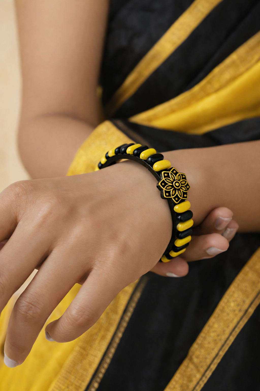 Myra — Flower Design Black and Yellow Finish Terracotta Bangle