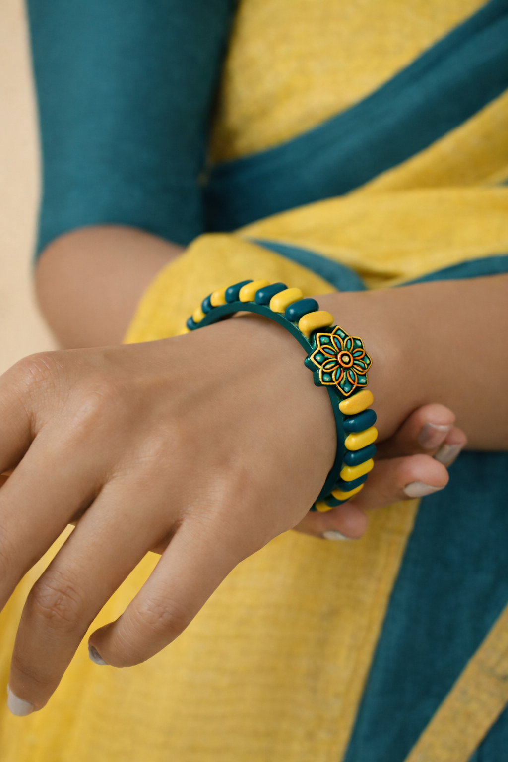 Kylie — Flower Design Teal Blue and Lemon Yellow Finish Terracotta Bangle