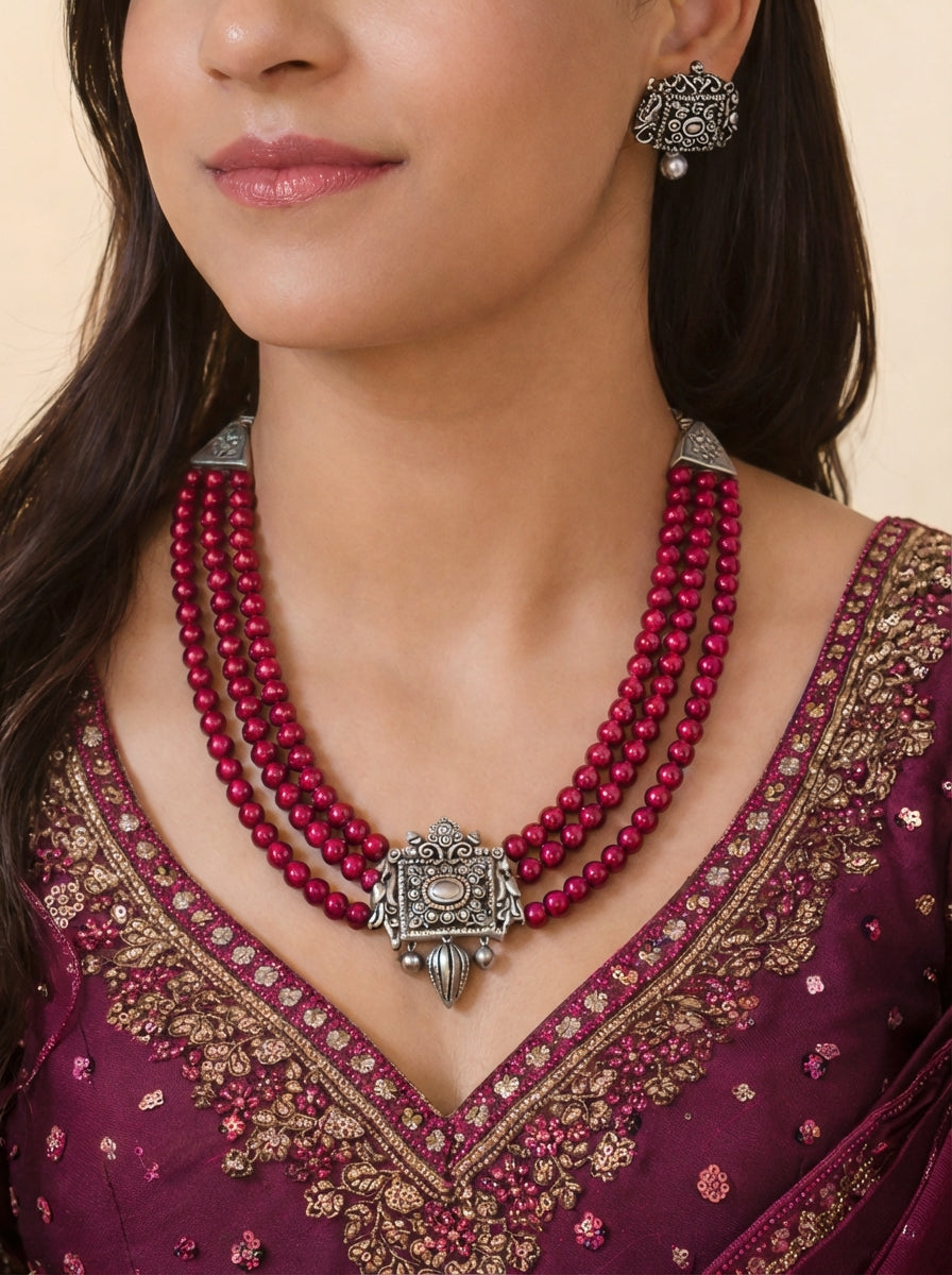 Smriti — Raani Pink Rani Haar Style Antique Silver accents 3 Layered Handmade Terracotta Necklace Set