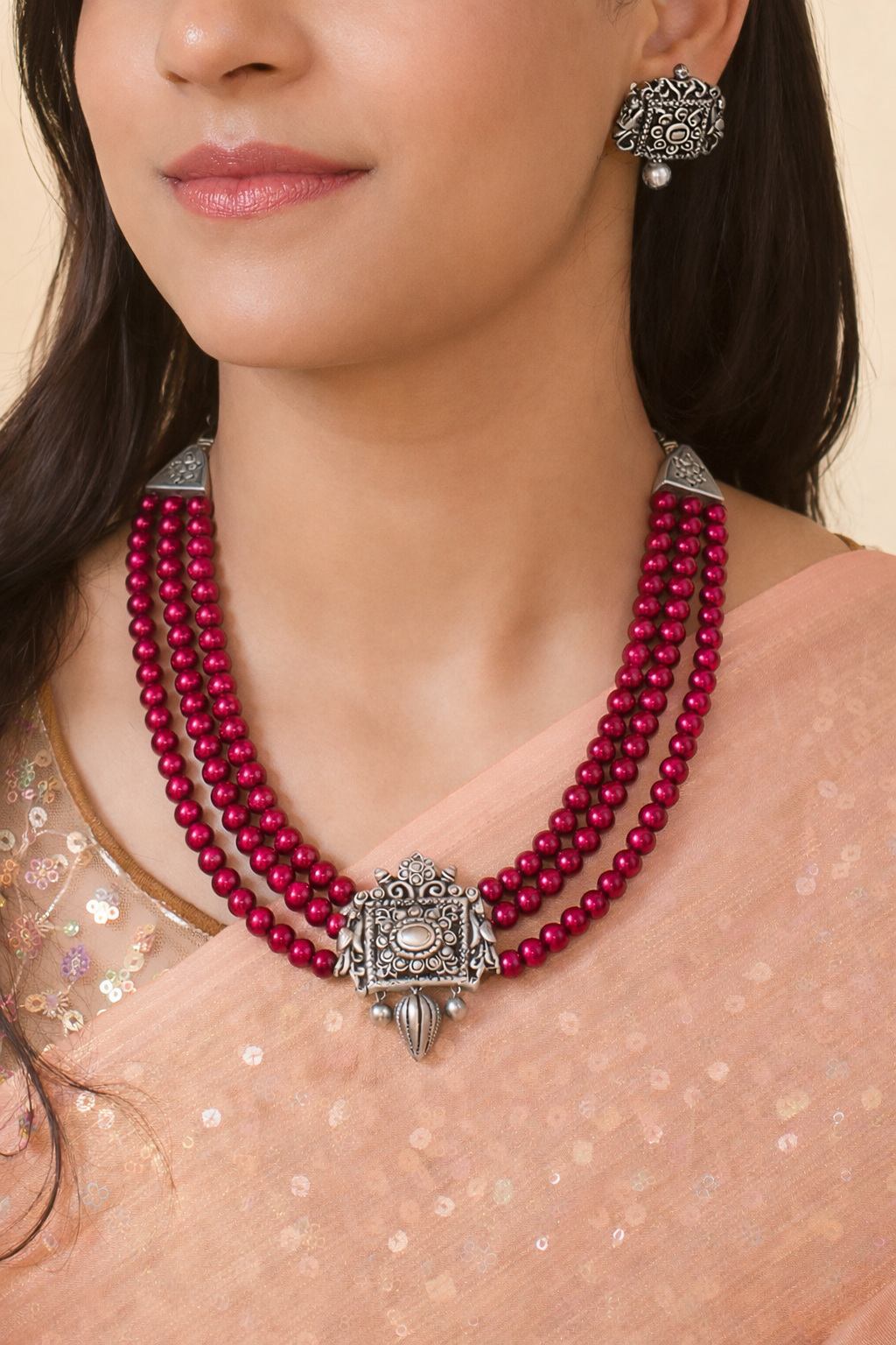 Smriti — Raani Pink Rani Haar Style Antique Silver accents 3 Layered Handmade Terracotta Necklace Set